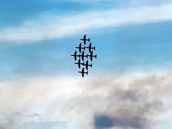 Low angle view of airplane flying against sky