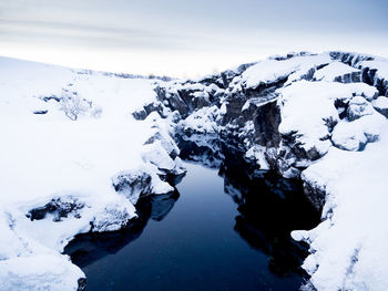 Scenic view of snow covered mountain range against sky
