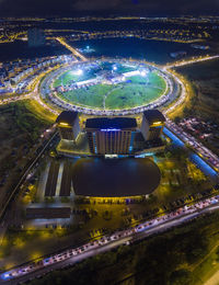 High angle view of illuminated cityscape