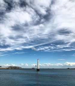 Lighthouse by sea against sky