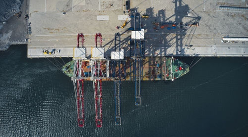 High angle view of a ship with cranes