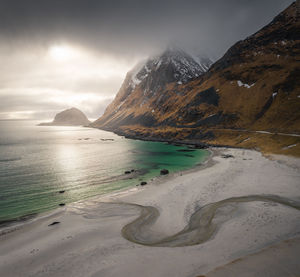 Scenic view of sea and mountains against sky