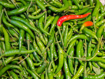 Full frame shot of green chili peppers for sale at market