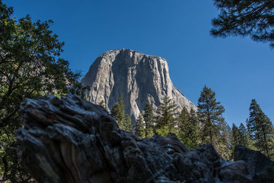Low angle view of rocks against clear blue sky