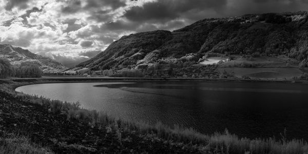 Scenic view of lake and mountains against sky