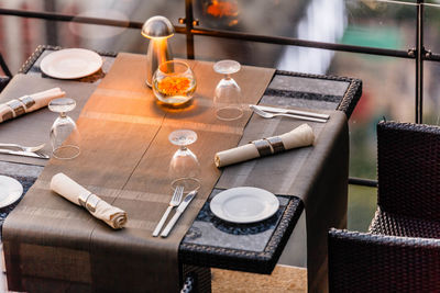 High angle view of arranged table at restaurant