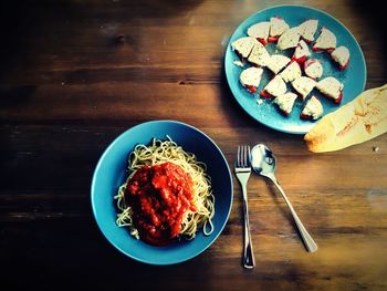 High angle view of breakfast served on table