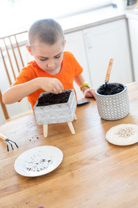 High angle view of boy looking at table