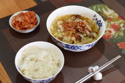 High angle view of meal served on table