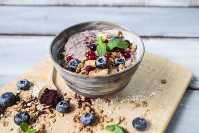 High angle view of breakfast served on table
