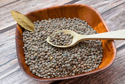 High angle view of sausages in container on table