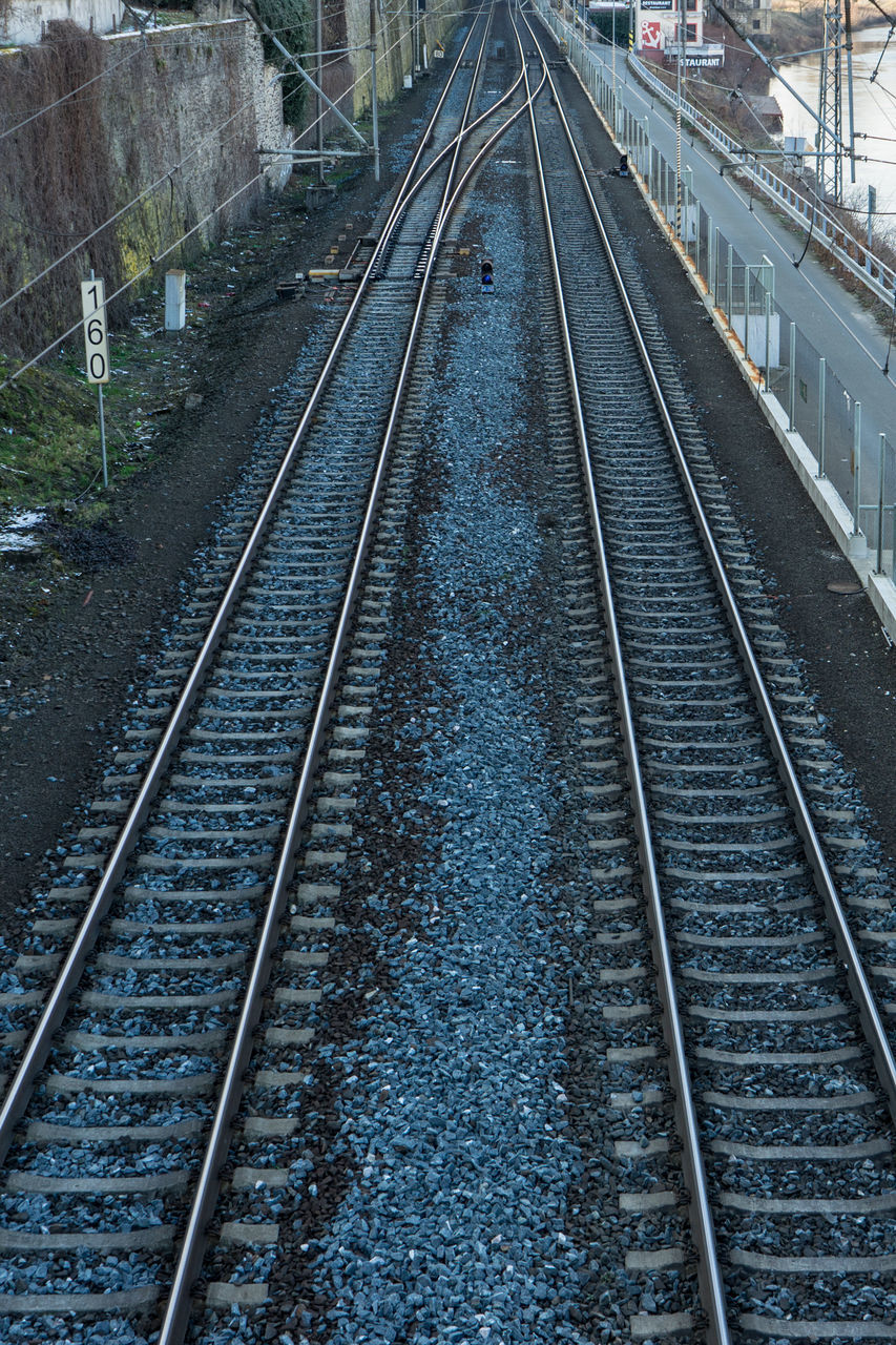 HIGH ANGLE VIEW OF RAILROAD TRACKS