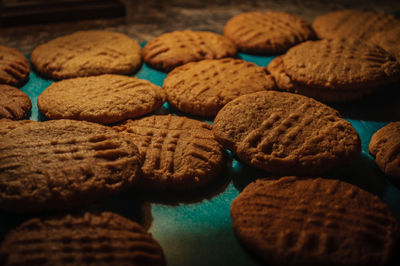 High angle view of baked cookies on table