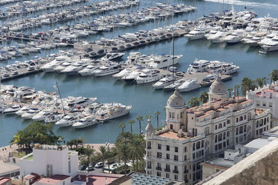 High angle view of town by sea