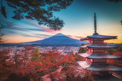 Scenic view of trees and buildings against sky during sunset