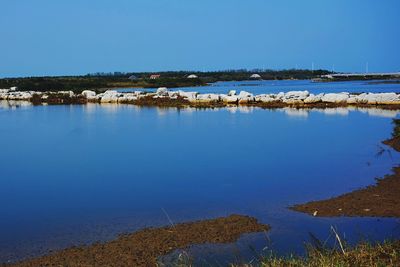 Scenic view of lake against clear blue sky