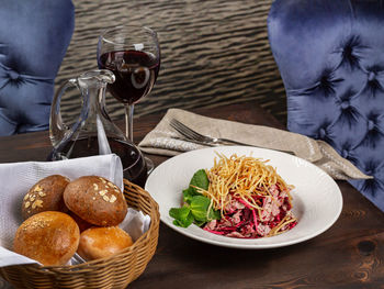 High angle view of breakfast served on table