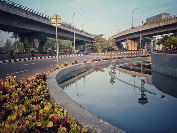 Bridge over river by city against sky