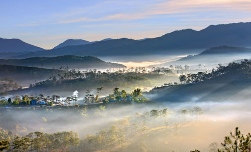 Panoramic view of mountains against sky during sunset