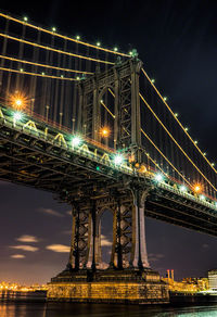 Suspension bridge over river at night