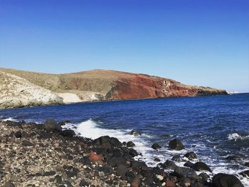 Scenic view of sea against clear blue sky