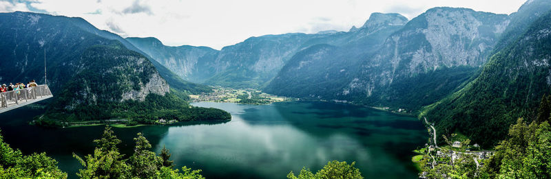 Panoramic view of lake and mountains against sky