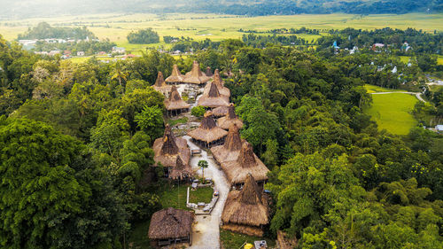 Aerial view of kampung adat praijing traditional hut, sumba, indonesia