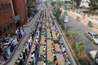 High angle view of crowd on city street