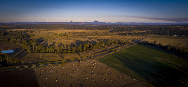 High angle view of agricultural field against sky