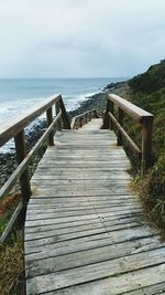Boardwalk leading towards sea against sky