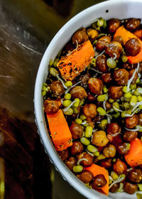 High angle view of salad in bowl on table