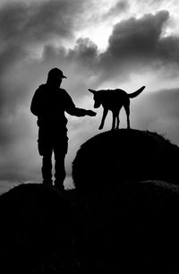 Silhouette man standing with dog against sky