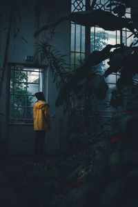 Rear view of man walking in puddle