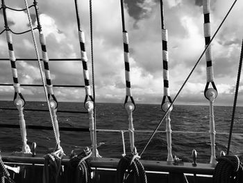 Close-up of ship in sea against sky