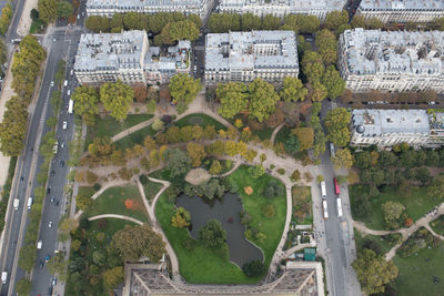 High angle view of eiffel tower and champ de mars in city