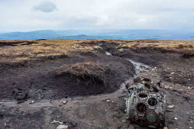 View of abandoned car on land