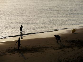 Silhouette people playing on beach against sky