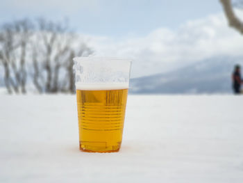 Close-up of beer glass against white background