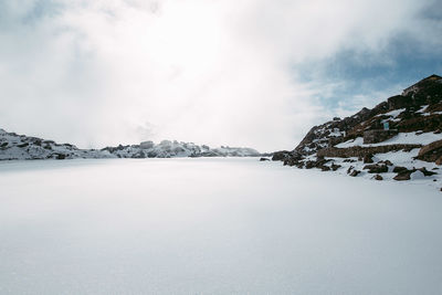 Scenic view of snow covered mountains against sky