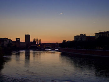 River in city against sky at sunset