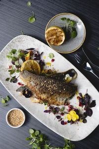 High angle view of meal served on table