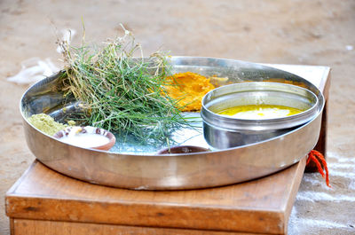 High angle view of plants in bowl on table