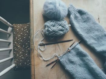 High angle view of knittng work on table