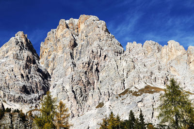 Low angle view of rocky mountain against blue sky