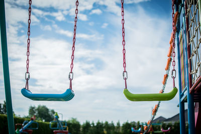 Close-up of swing against sky