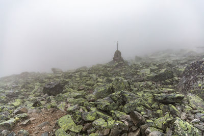 Trail marker by the footpath among stones with moss in the foggy landscape