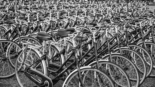 High angle view of bicycle parked in row