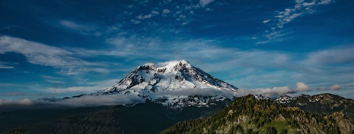 Scenic view of snowcapped mountain against cloudy sky