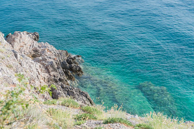 High angle view of rocks on sea