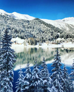 Scenic view of snowcapped mountains and lake against sky